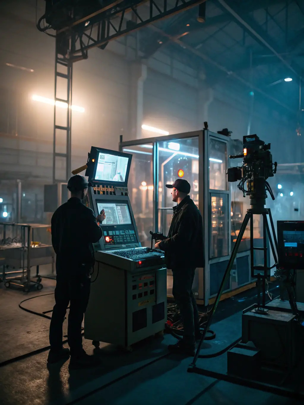 A dynamic image of a modern factory floor, showcasing automated processes and real-time data analysis for production optimization.