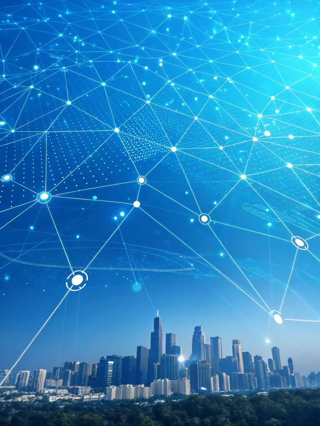 A digital illustration of interconnected nodes representing AI-driven communication, symbolizing global connectivity and data exchange.
