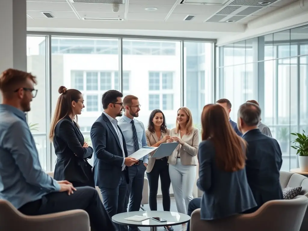 A group of Asten & Stark employees collaborating in a modern office space, smiling and engaged in a discussion.